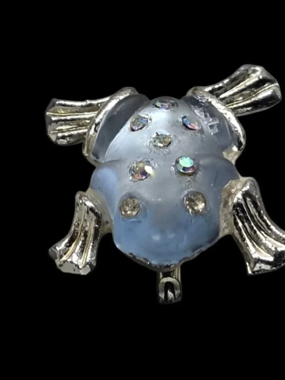 Vintage Silver Tone Jelly Belly Frog Brooch Pin with Aurora Borealis Rhinestones